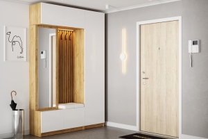 Бостон 2 прихожая модульная Дуб крафт золотой/Белый глянец/Белый кожзам- Ecotex 3002