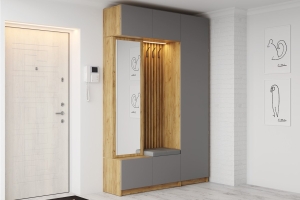 Бостон 2 Прихожая модульная Дуб Крафт золотой/Серый шифер/Кожз- Ekotex3022/Arena-007