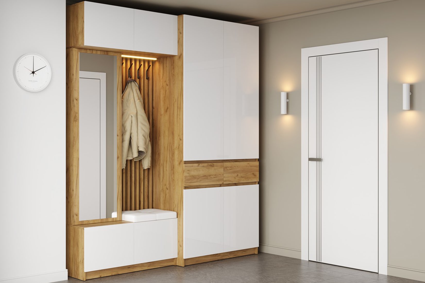 Бостон 3 прихожая модульная Дуб крафт золотой/Белый глянец/Белый кожзам- Ecotex 3002