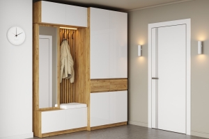 Бостон 3 прихожая модульная Дуб крафт золотой/Белый глянец/Белый кожзам- Ecotex 3002