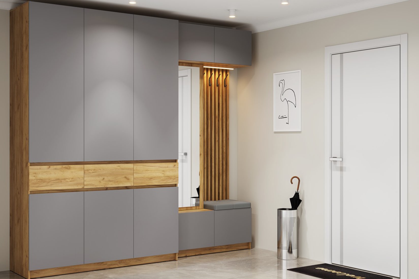 Бостон 4 прихожая модульная Дуб Крафт золотой/Серый шифер/Кожз- Ekotex3022/Arena-007