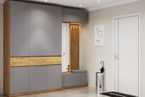 Бостон 4 прихожая модульная Дуб Крафт золотой/Серый шифер/Кожз- Ekotex3022/Arena-007