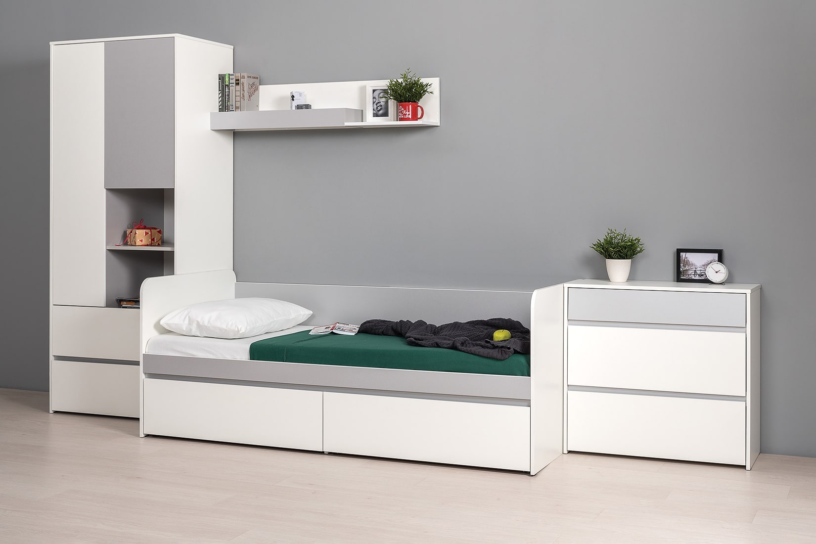 Торонто 11.39 Кровать 80х190 с настилом ЛДСП Белый/Стальной серый