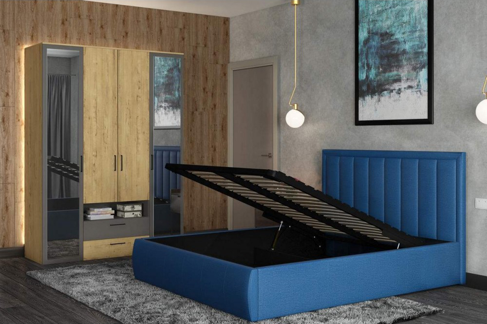 НЕО 2 Кровать 160х200 с ПМ велюр синий