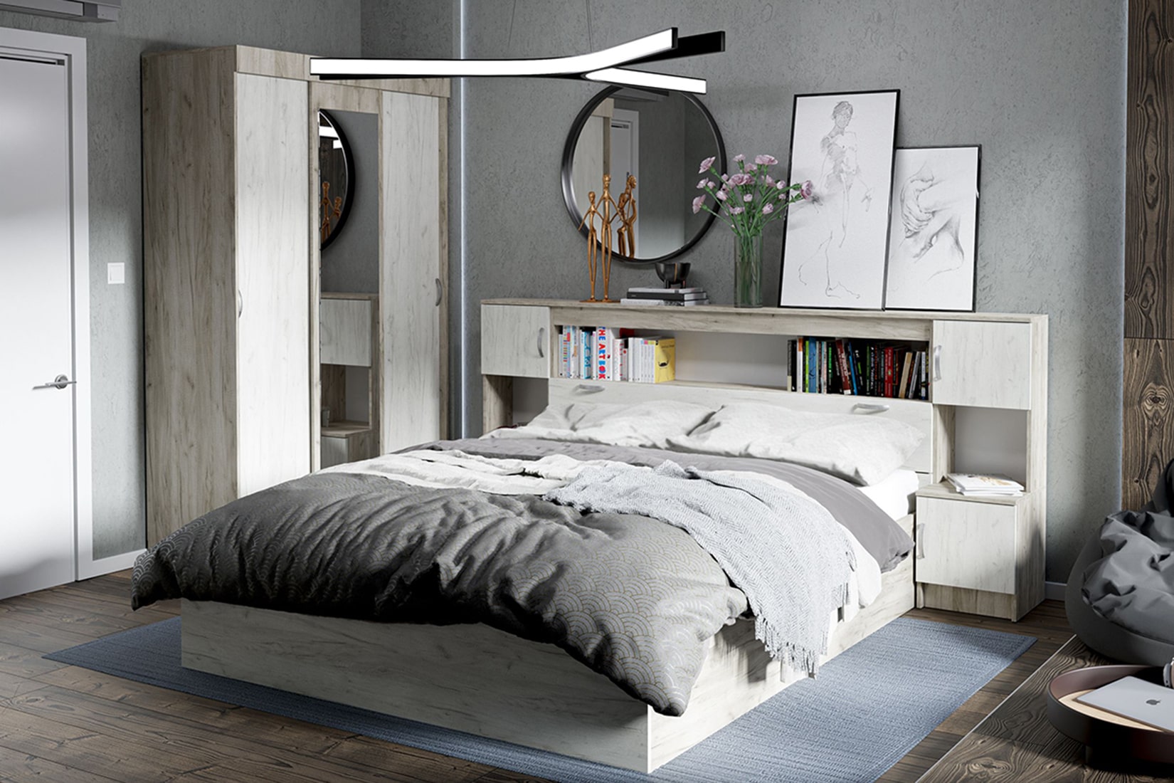 Бася КР 552 Кровать 160х200 с прикроватными блоками Дуб крафт белый/Дуб крафт серый