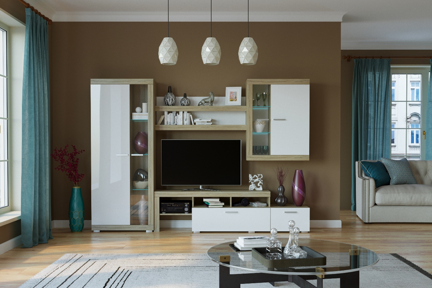 Соната ШВС-800 Шкаф-витрина Дуб сонома/Белый глянец