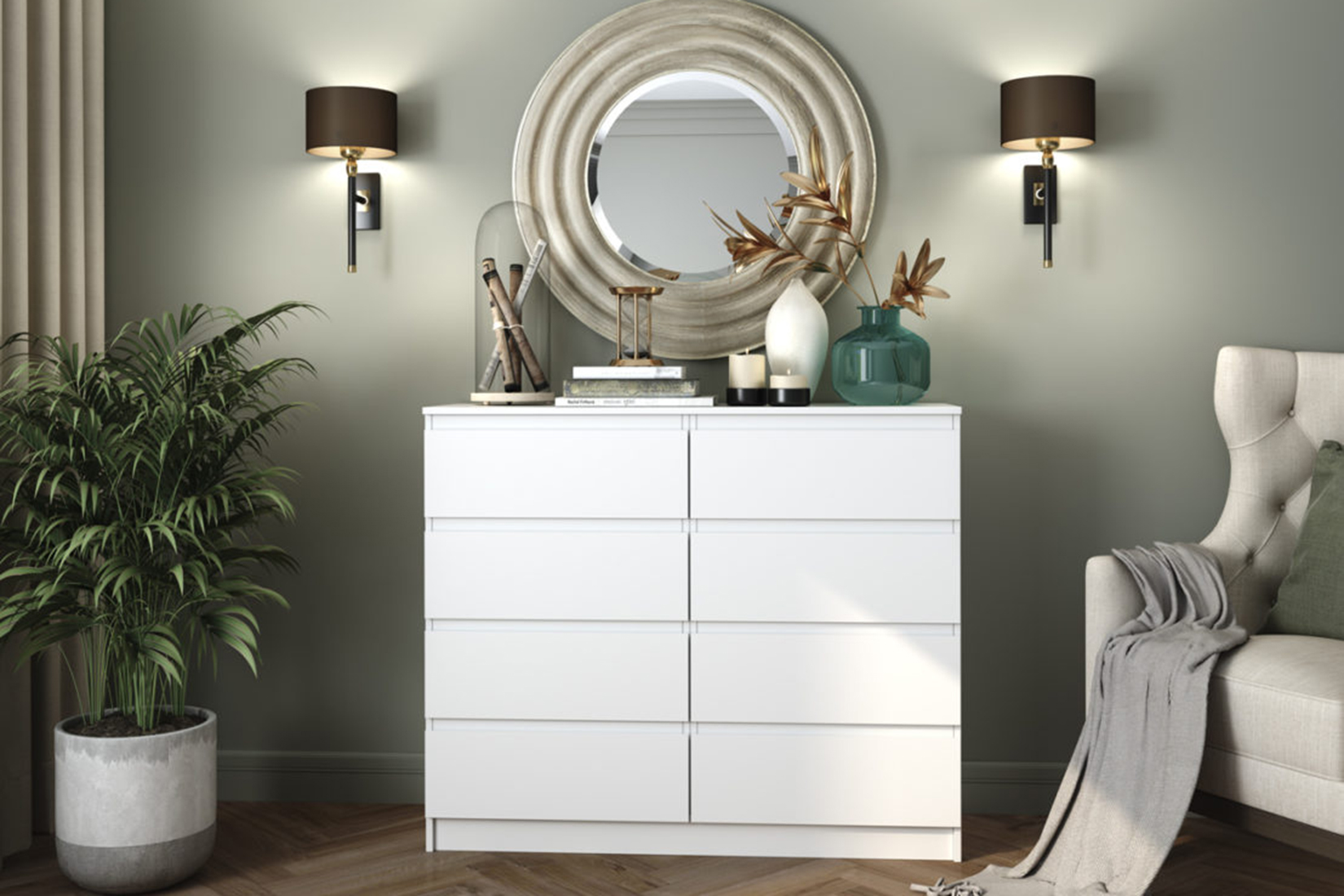 Челси Комод 8 ящиков Белый/Белый глянец