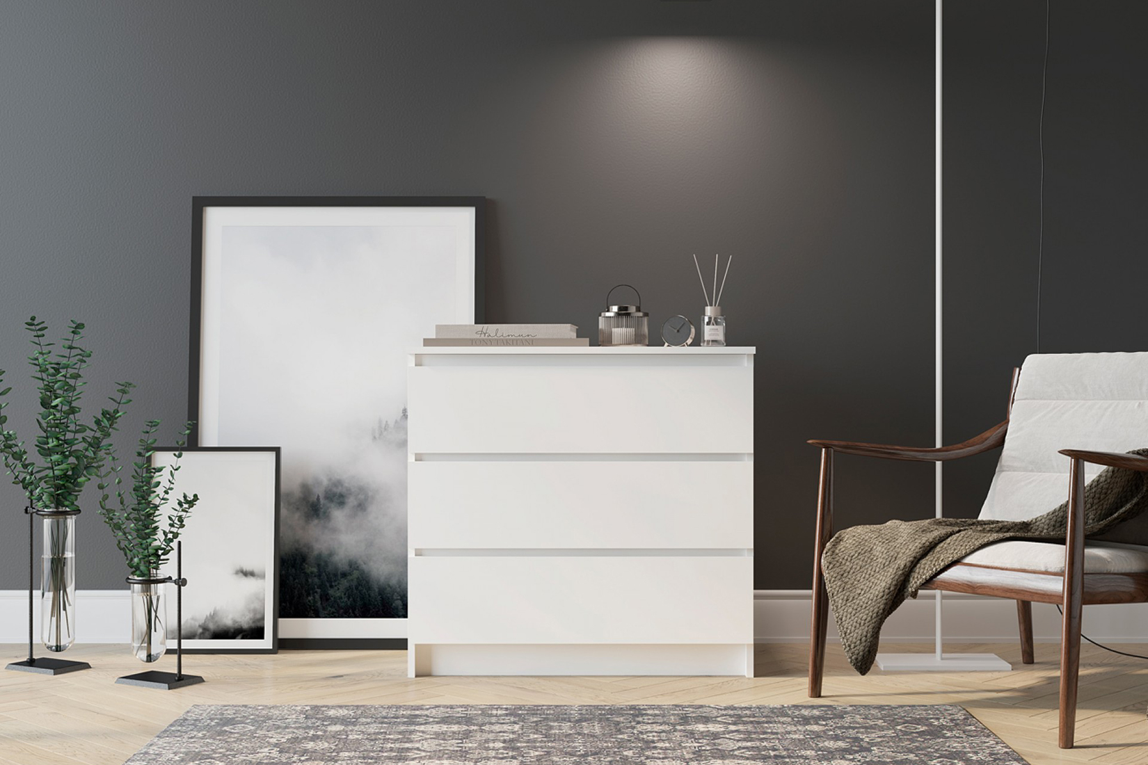 Челси Комод 800 (3 ящика) Белый/Белый глянец