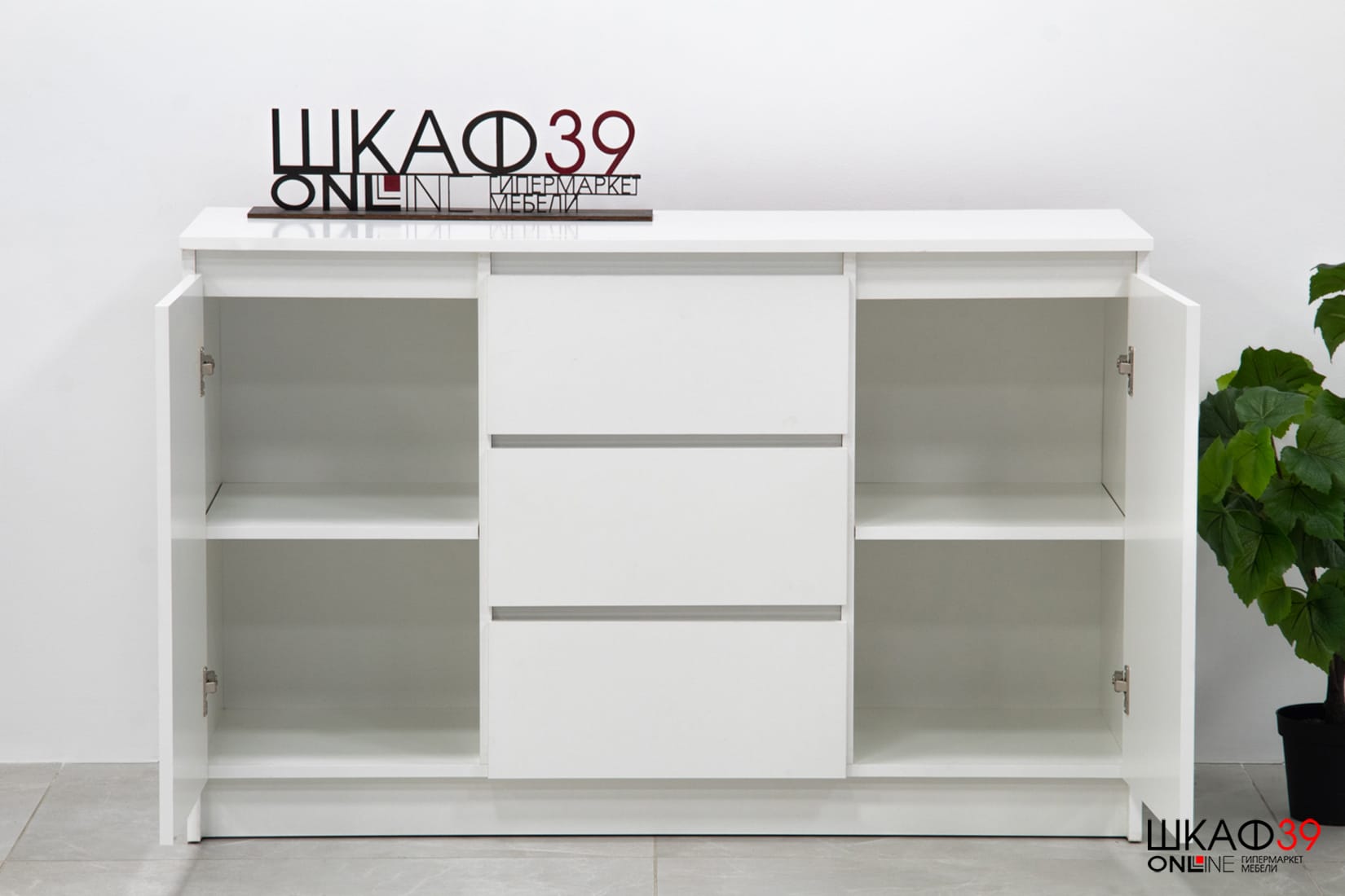 Челси Комод 1200 (2 двери 3 ящика) Белый/Белый глянец