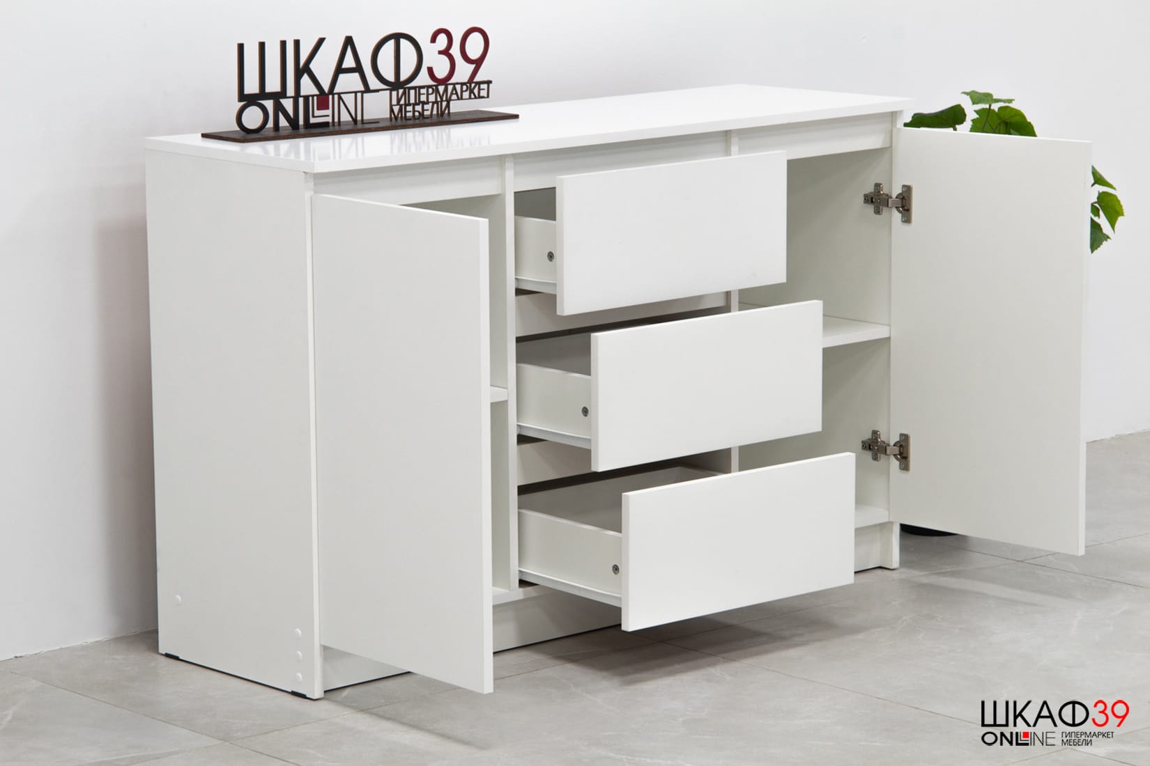 Челси Комод 1200 (2 двери 3 ящика) Белый/Белый глянец