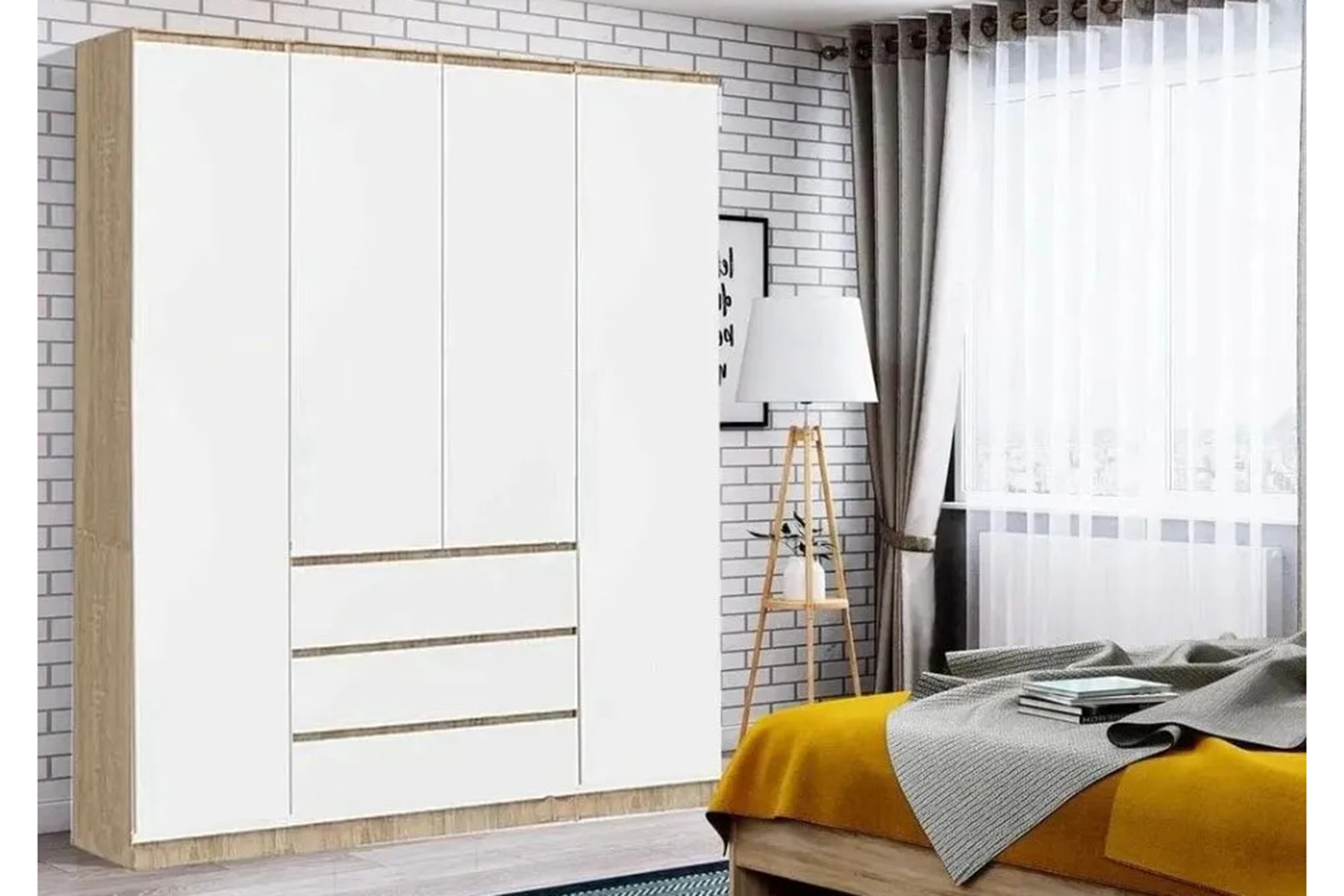 Челси Шкаф 1600 4-х ств. Белый глянец/Дуб сонома