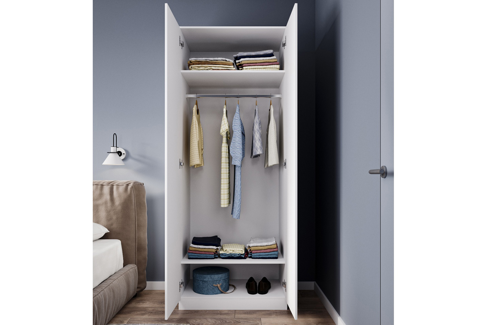 Челси Шкаф 2-х ств. платяной с антресолью 800 Белый/Белый глянец