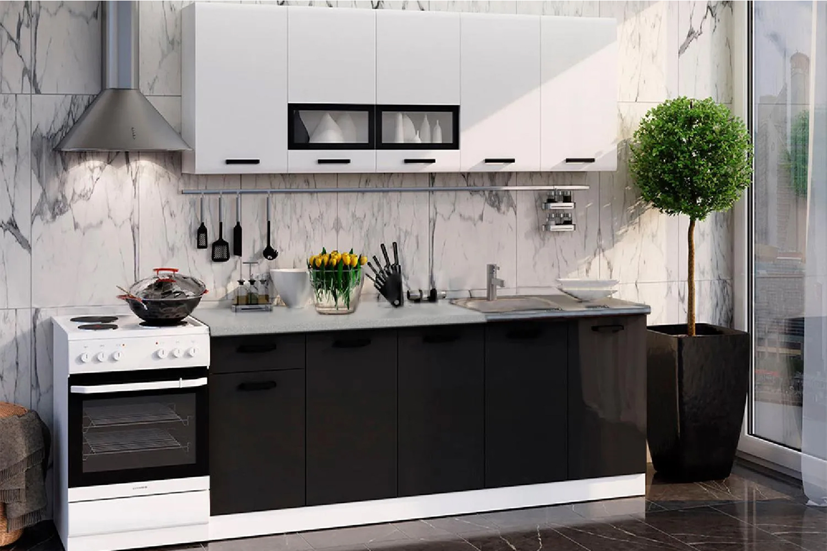 Рио 2,0 м Кухня Белый глянец/Черный глянец