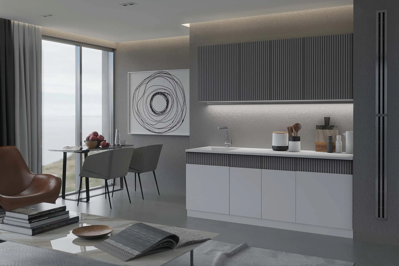 Кухня Оливия 2,0м Белый снег софт/Графит софт