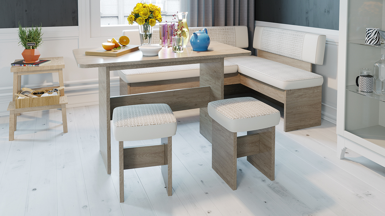 Модульный кухонный уголок «Дублин» Дуб Сонома трюфель, Кожзам Светлый, Ткань Светлая