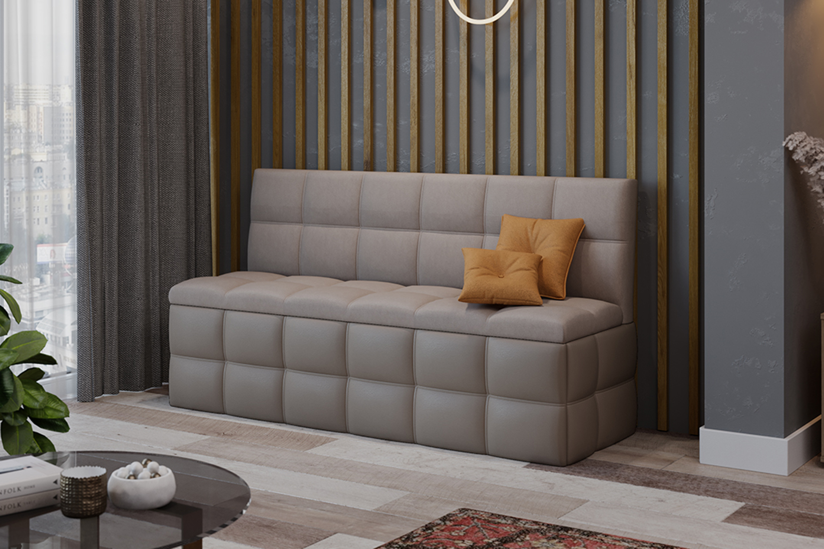 Домино Скамья прямая Исп. 2 (Кожзам светло-коричневый/Велюр мокко светлый)