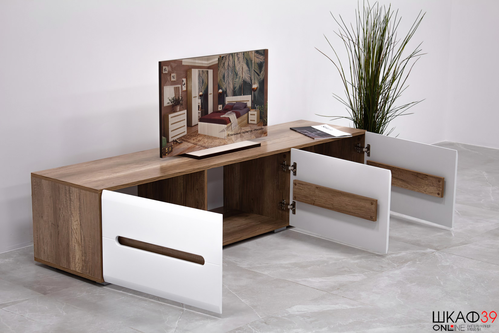 Тумба под ТВ длинная Наоми ТБ-17, белый глянец