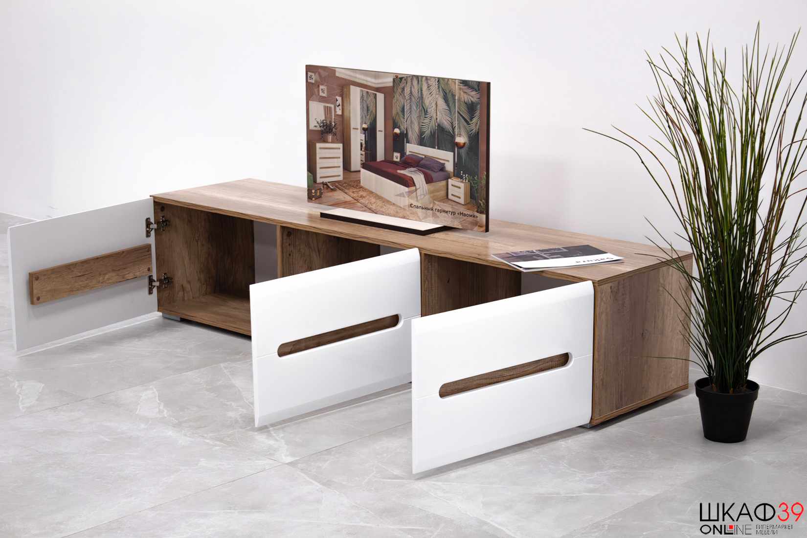 Тумба под ТВ длинная Наоми ТБ-17, белый глянец