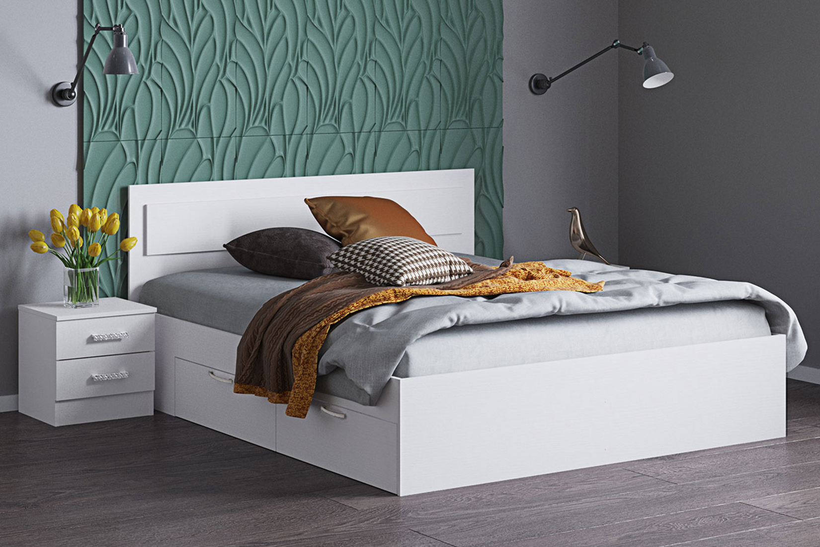 Жаклин Кровать 120х200 см. с ящиками Белый с ДСП настилом