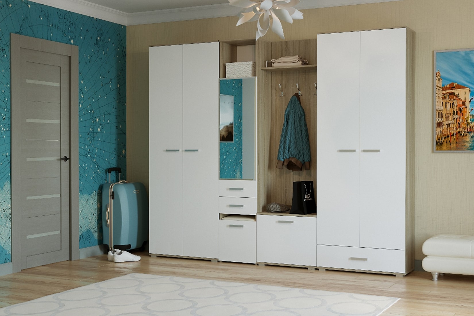 Италия П1Я-400 Пенал с пуфом Дуб сонома/Белый глянец