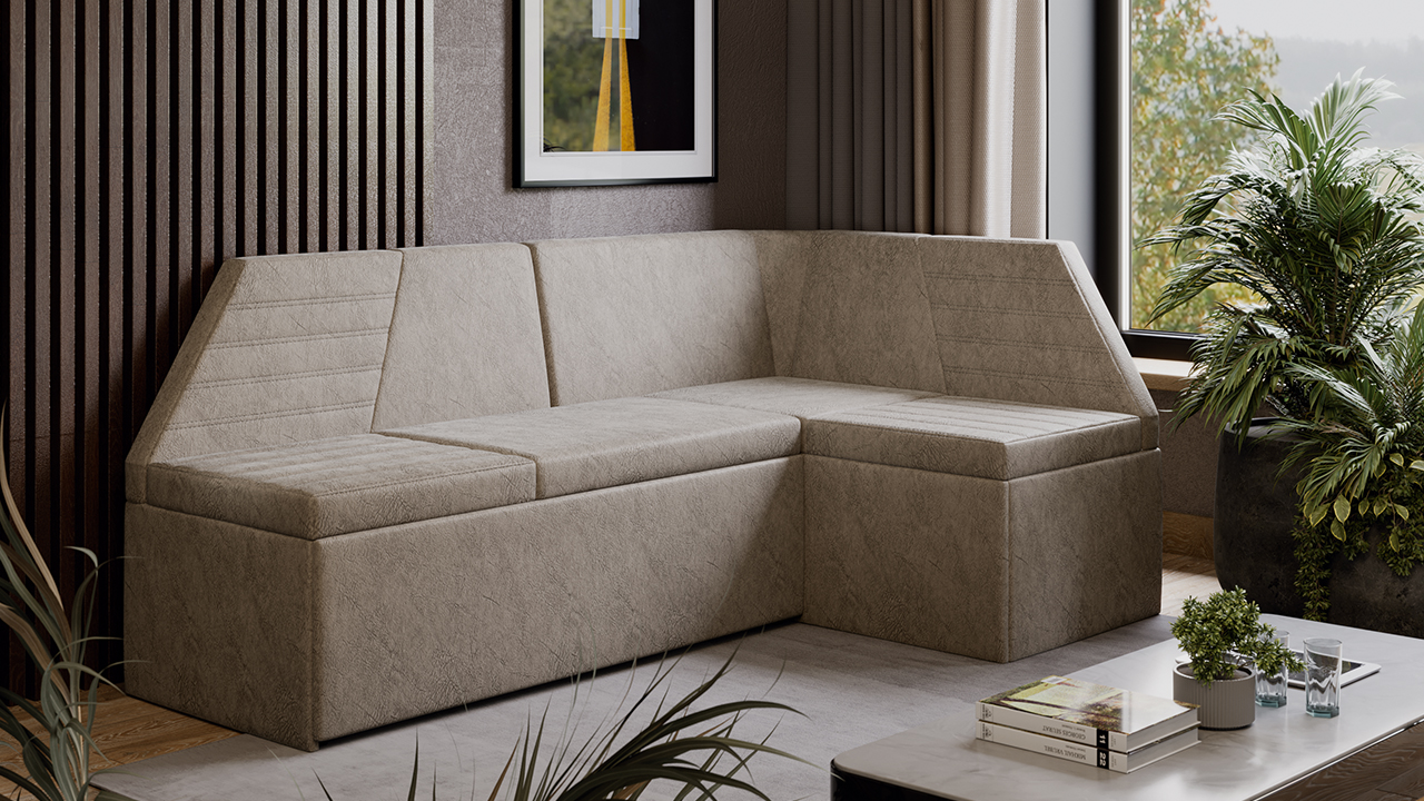 Скамья угловая «Лондон» со спальным местом (Микровелюр Wellmart Dark Beige)