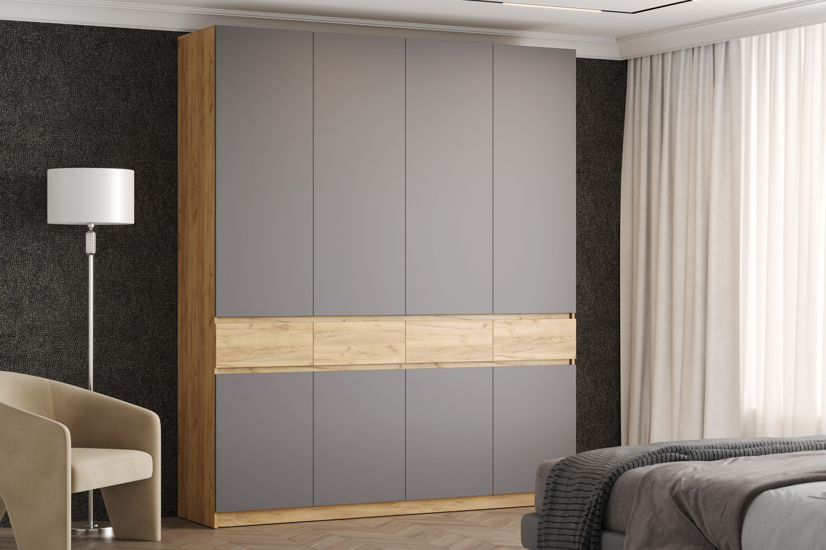 Бостон ШК-004 Шкаф 4-х ств. Дуб крафт золотой/Серый шифер