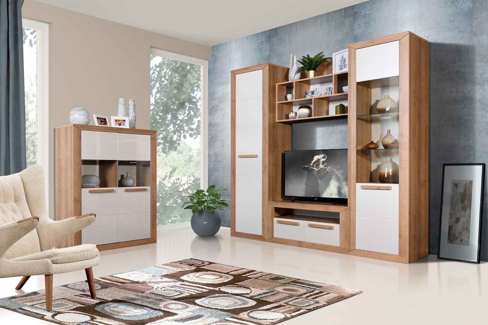 Бостон гостиная модульная Дуб Ривьера/Жемчуг глянец