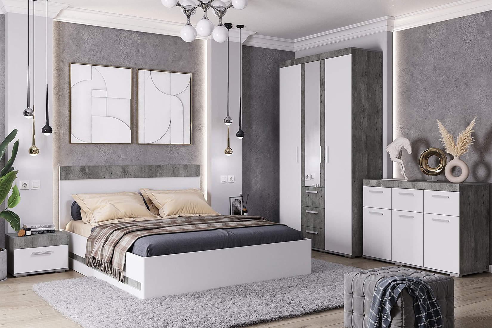 Инстайл спальня модульная  Метрополитан грей/Белый
