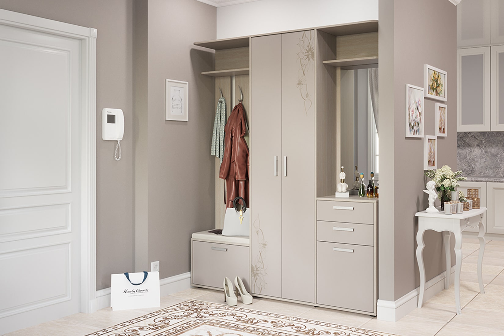 Витра прихожая Ясень шимо/Сатин матовый с рисунком