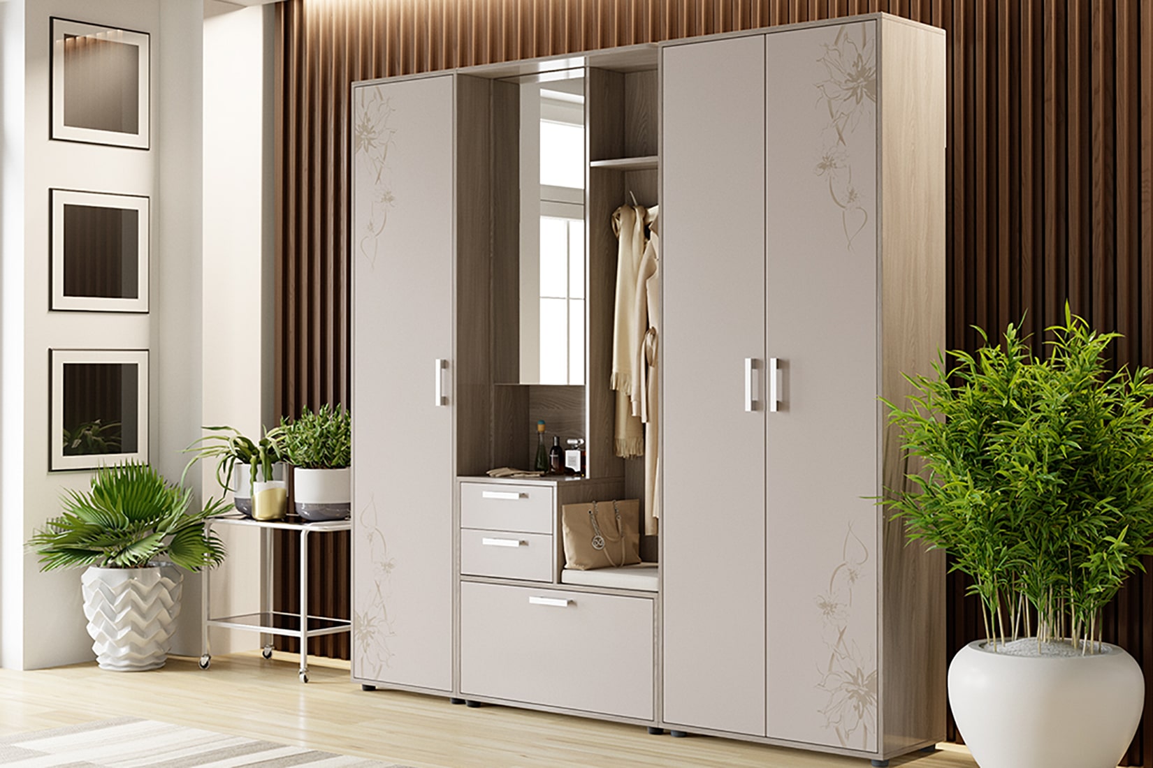 Витра прихожая Ясень шимо/Сатин матовый с рисунком