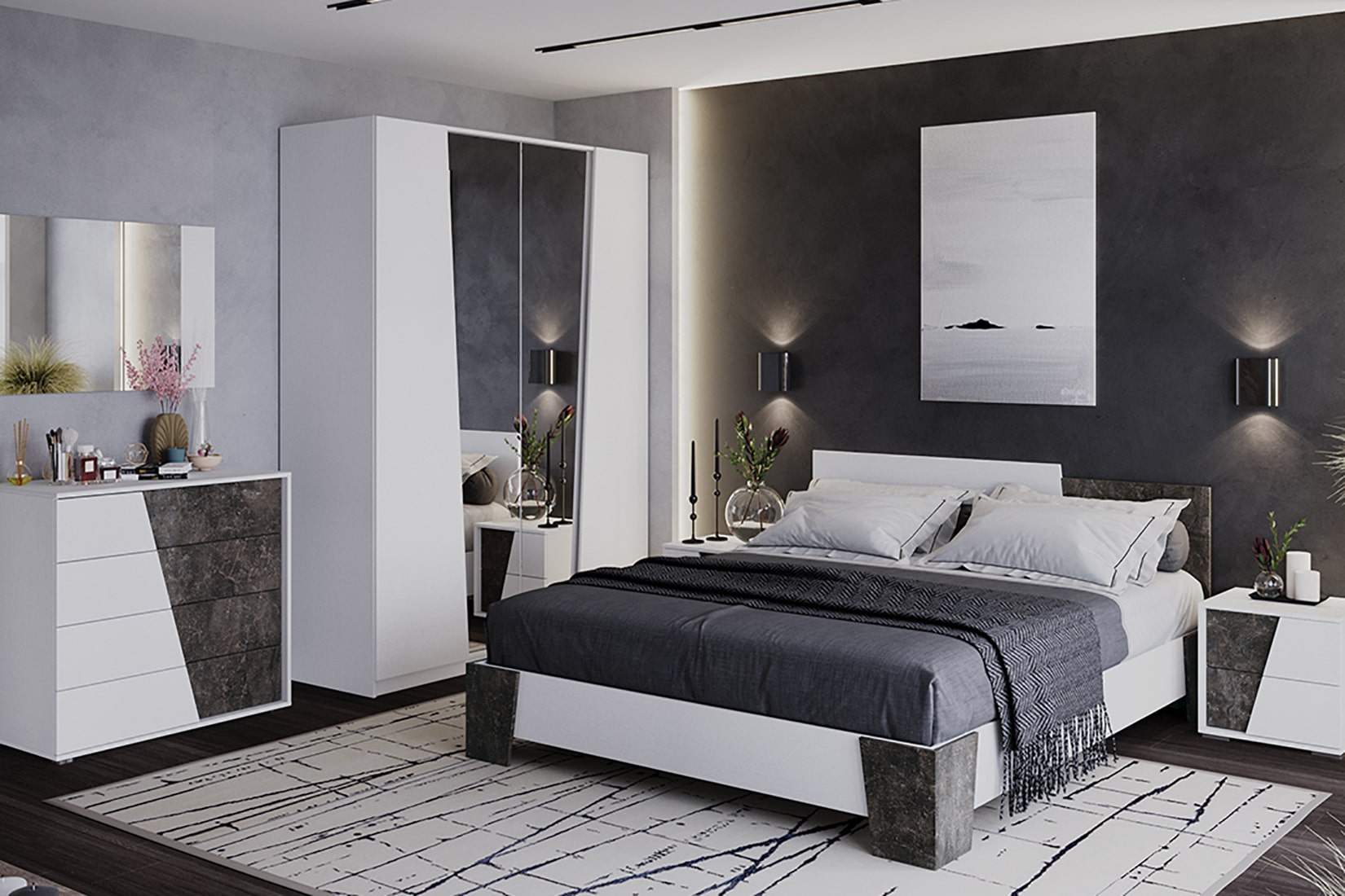 Клео спальня модульная Белый ясень/Ателье темное