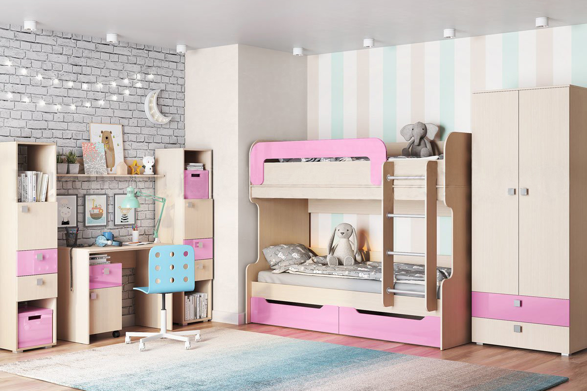 Юниор-1 Кровать-чердак с ЛДСП основанием Дуб белёный/Розовый металик