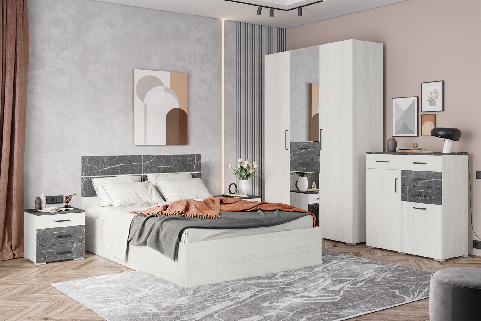 Теана спальня модульная Ясень анкор светлый/Мрамор дарк