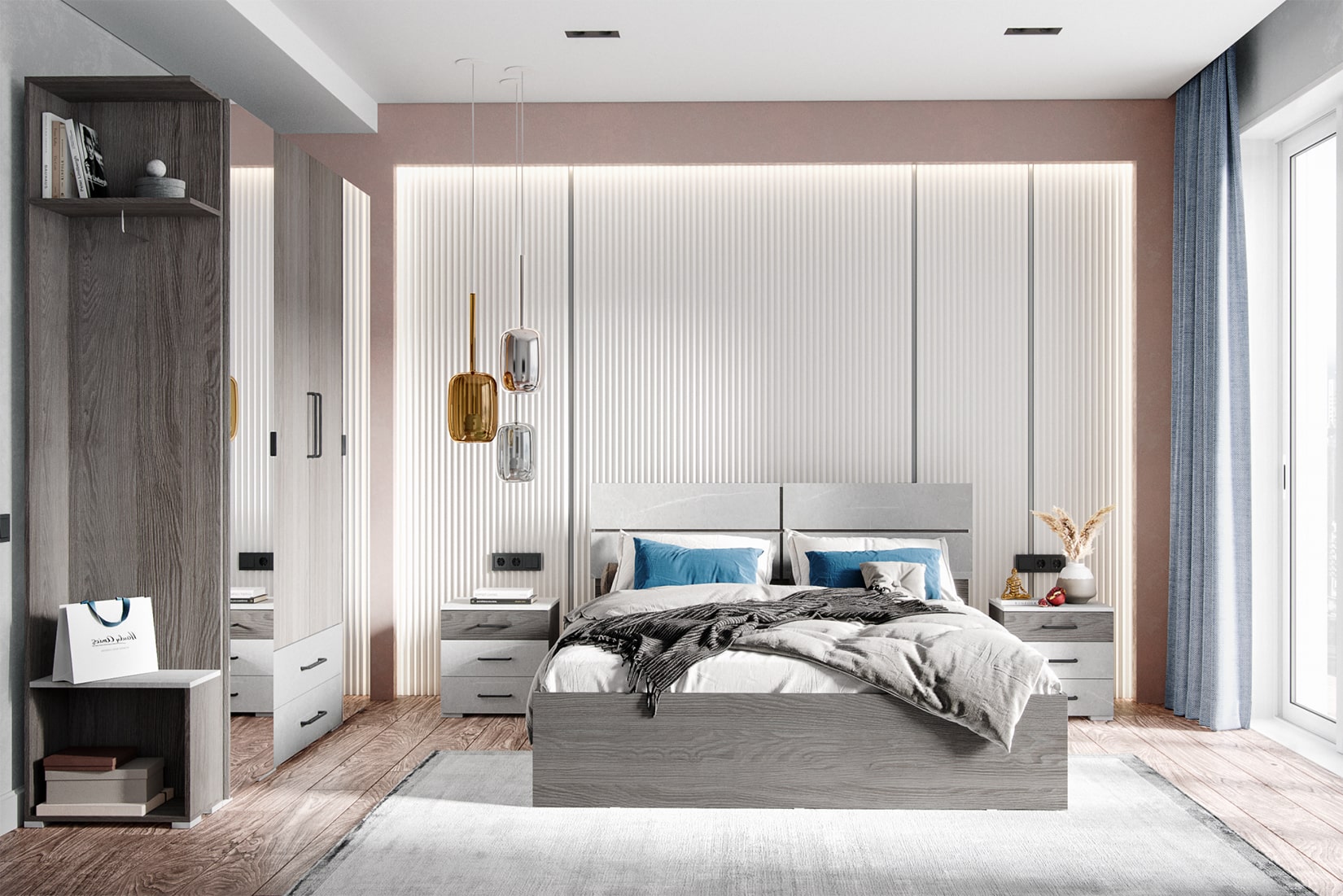 Теана спальня модульная Ясень анкор светлый/Мрамор дарк