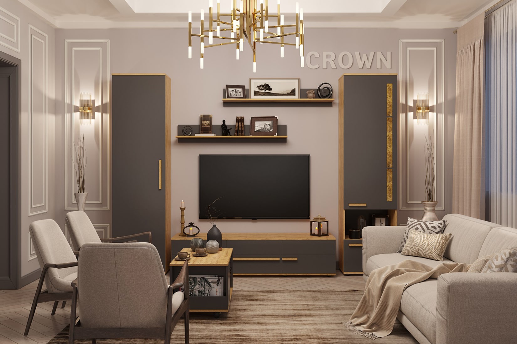 Crown гостиная модульная Дуб золотистый/Графит