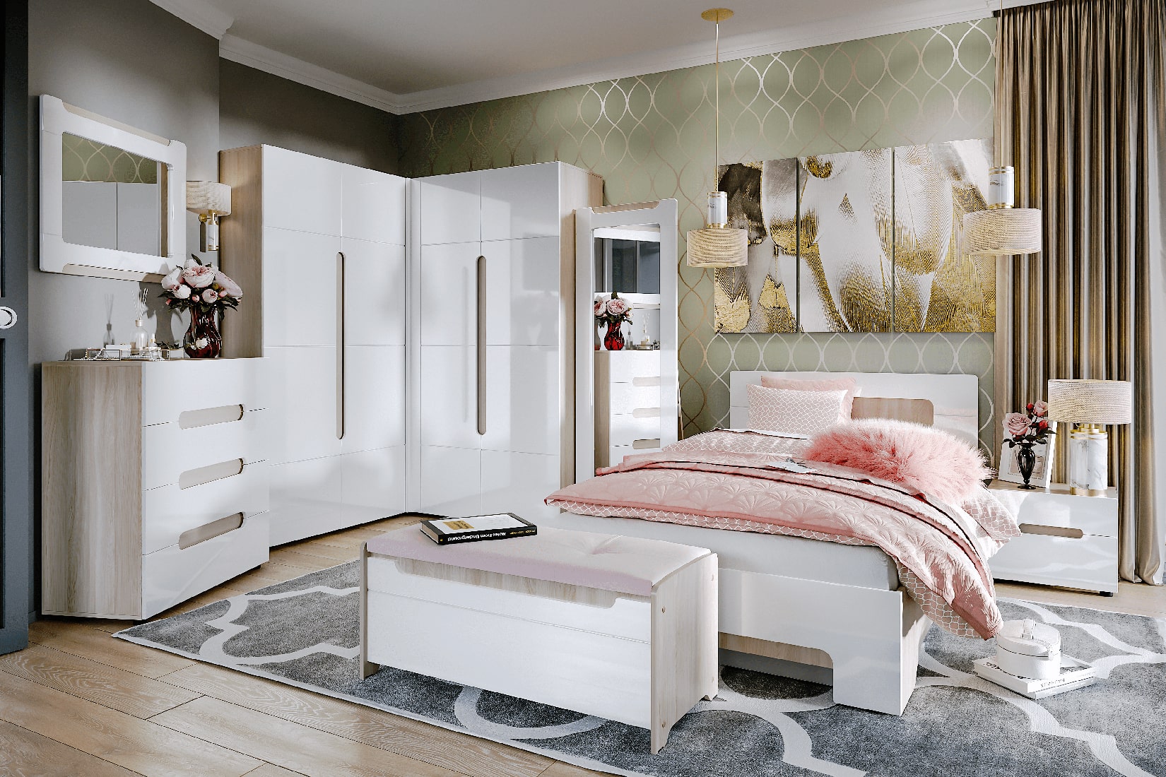 Палермо-3 спальня модульная Ясень шимо светлый/Белый глянец