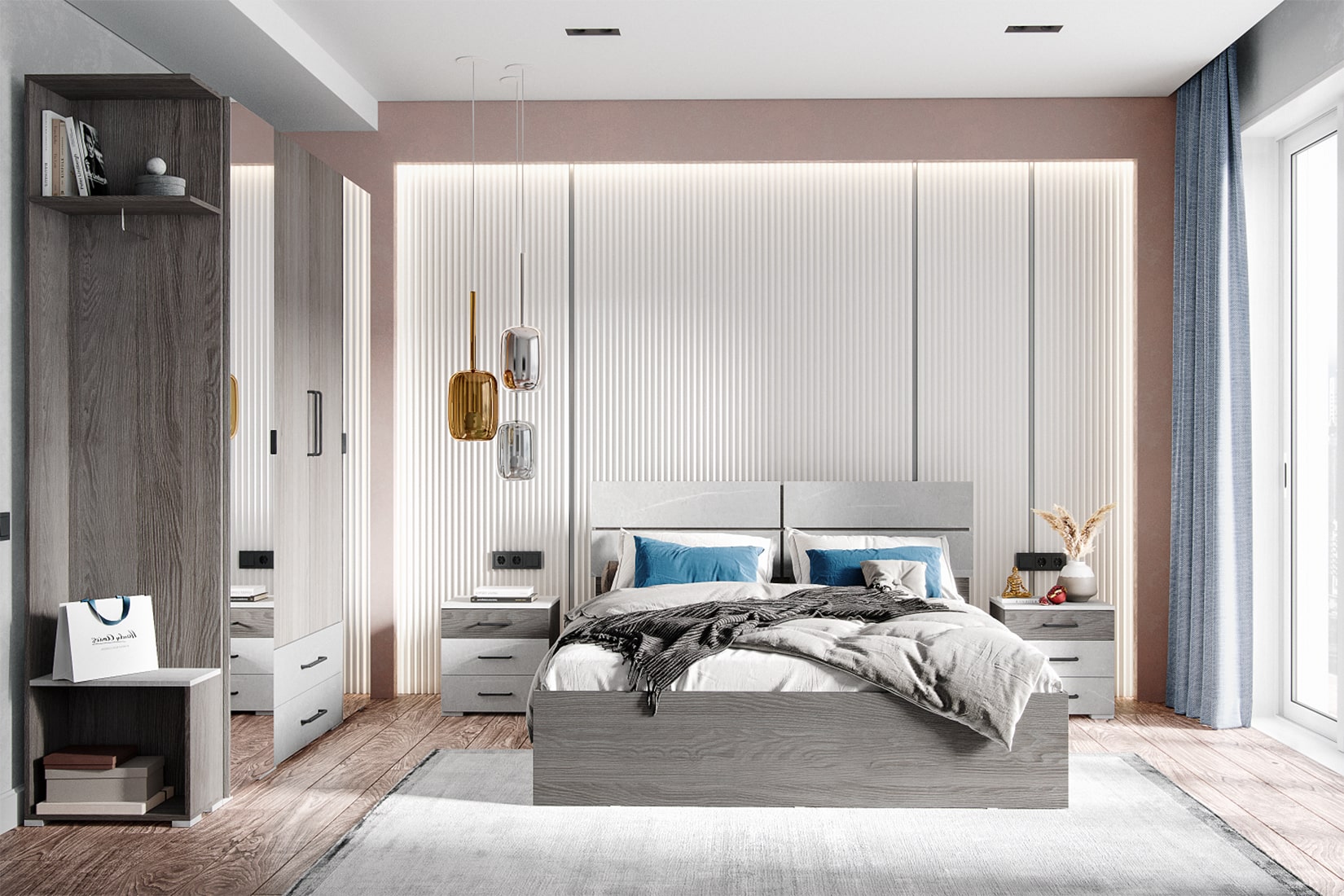 Теана спальня модульная Ясень анкор тёмный/Мрамор лайт