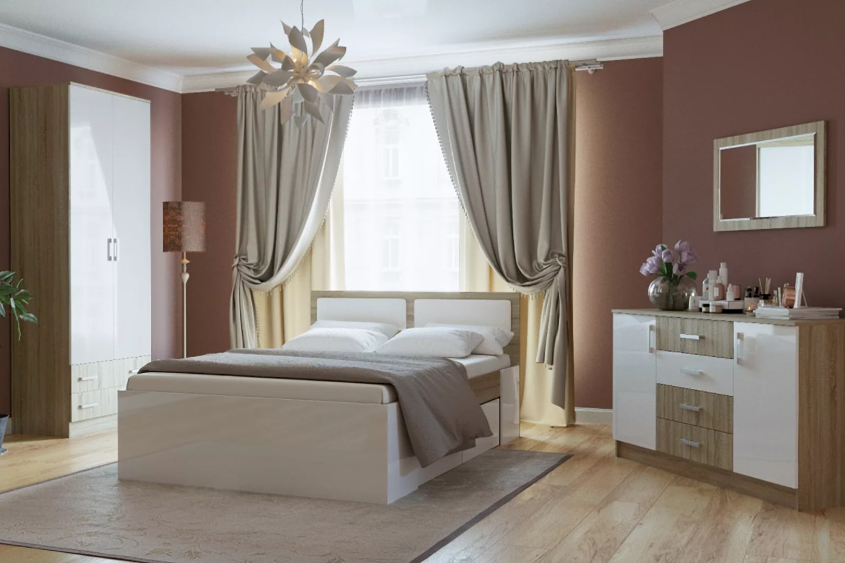 Беатрис спальня модульная Дуб сонома/Белый глянец