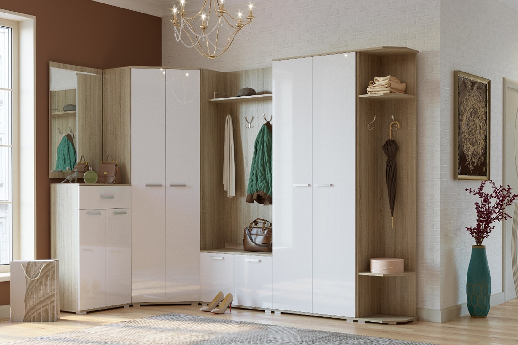 Италия прихожая модульная Дуб сонома/Белый глянец