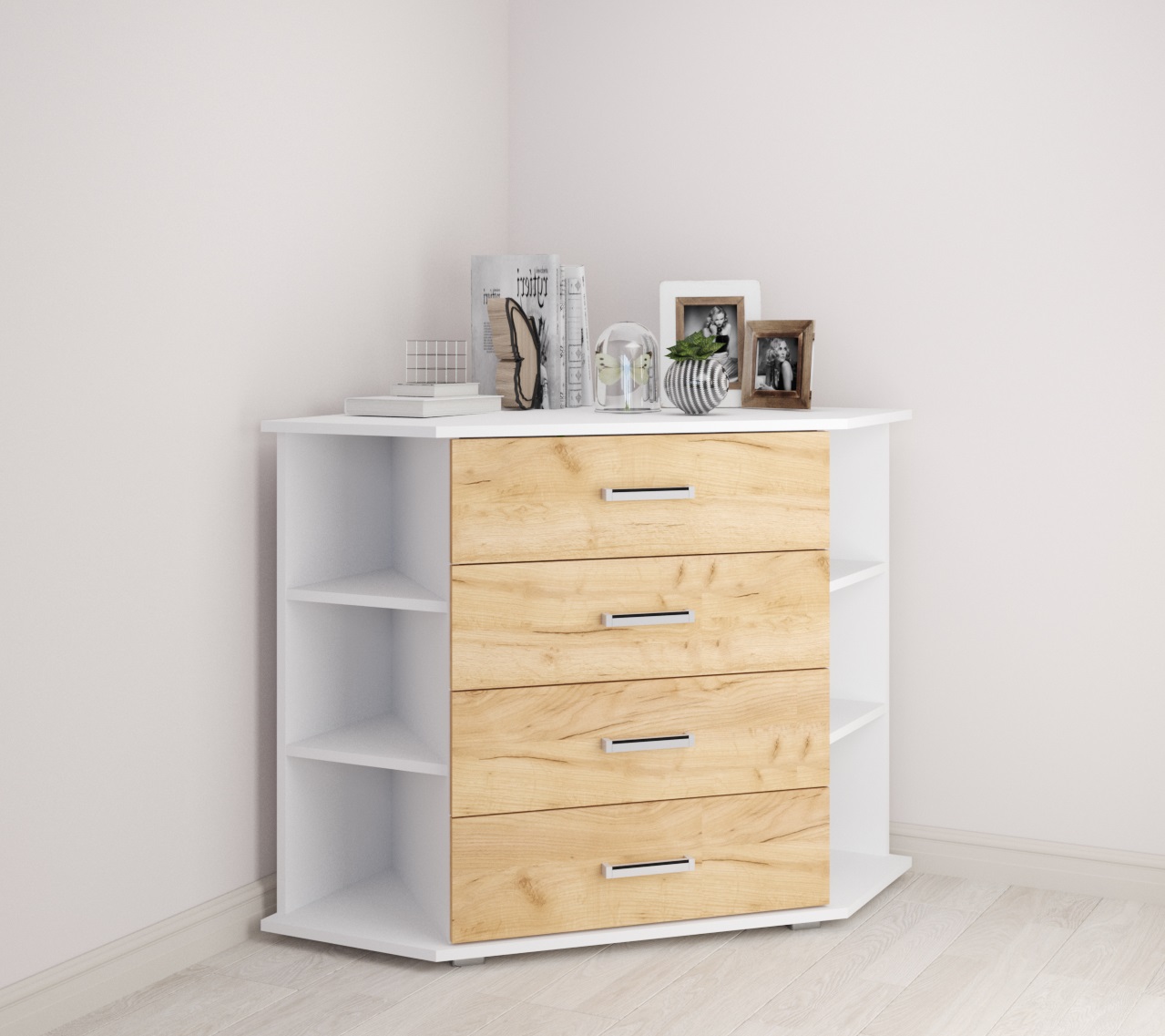 Комод угловой Катрин 7, дуб крафт золотой/белый