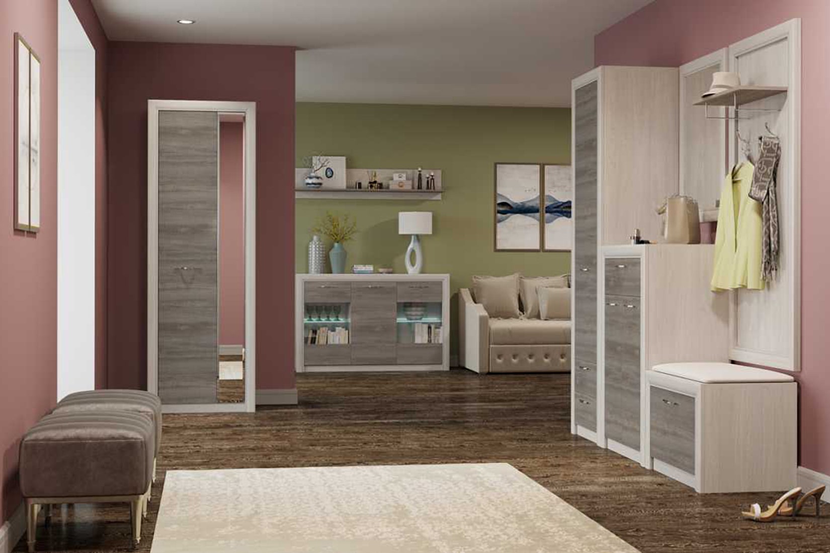 Октава прихожая модульная Ясень анкор светлый/Клабхаус серый