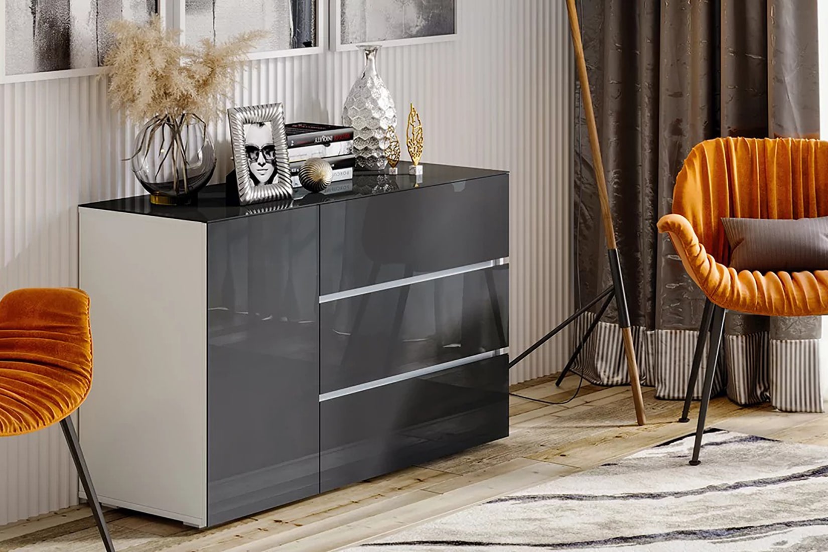 Glance гостиная модульная Белый/Стекло антрацит глянец