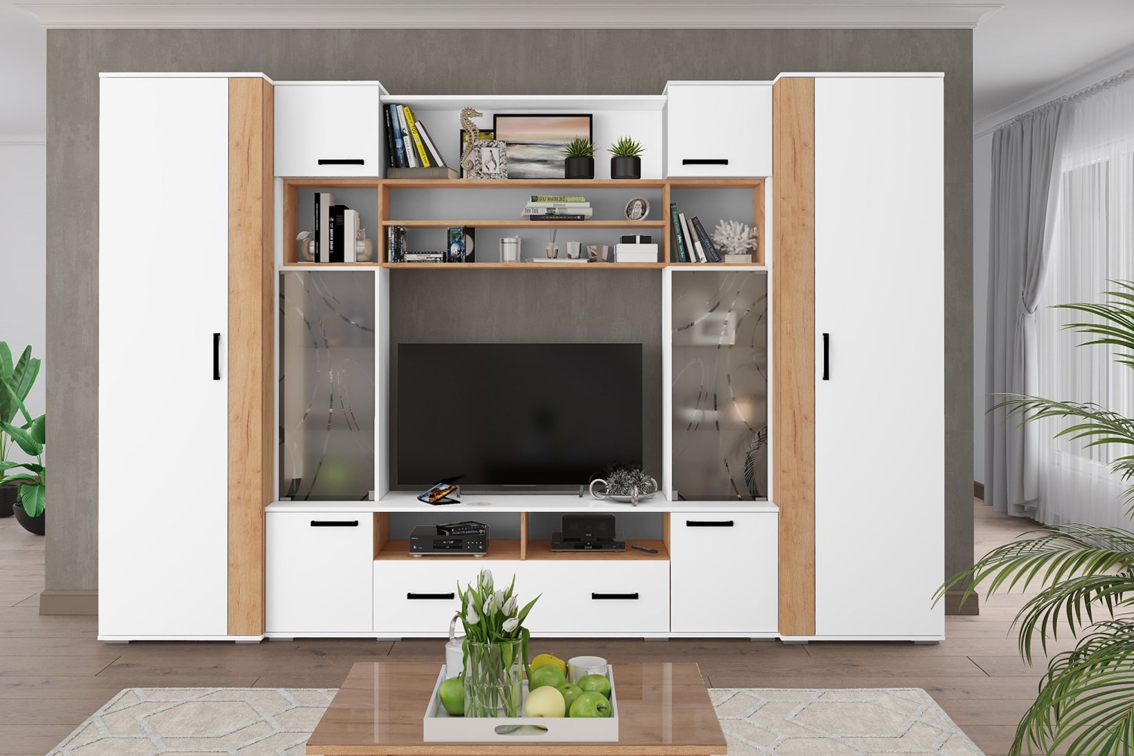 Оскар-18 Стенка Дуб крафт золотой/Белый однотонный