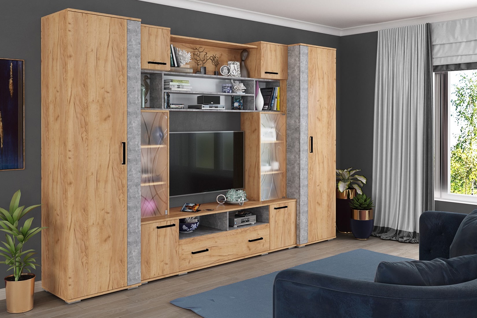 Оскар-18 Стенка Дуб крафт золотой/Ателье светлое