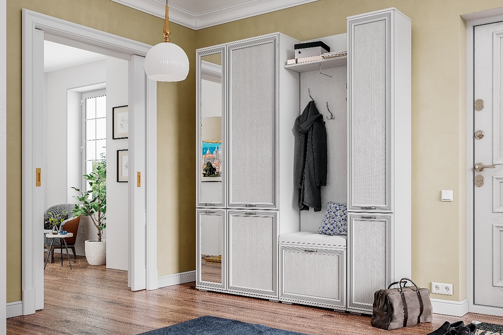 Ливорно прихожая модульная Ясень анкор светлый/Патина серебро