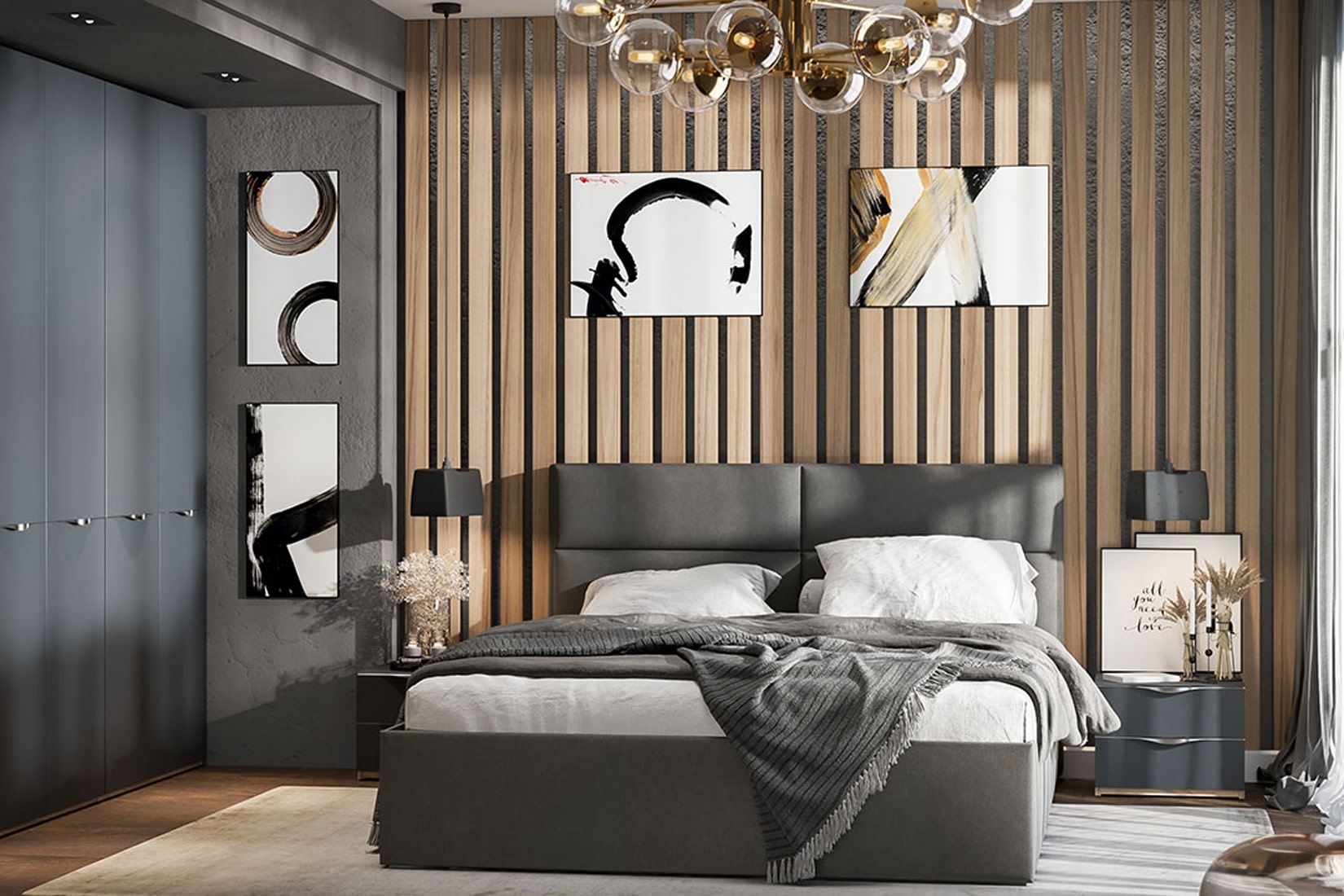 Глосс Спальня модульная Яблоня Беллуно/Cтекло Графит матовый