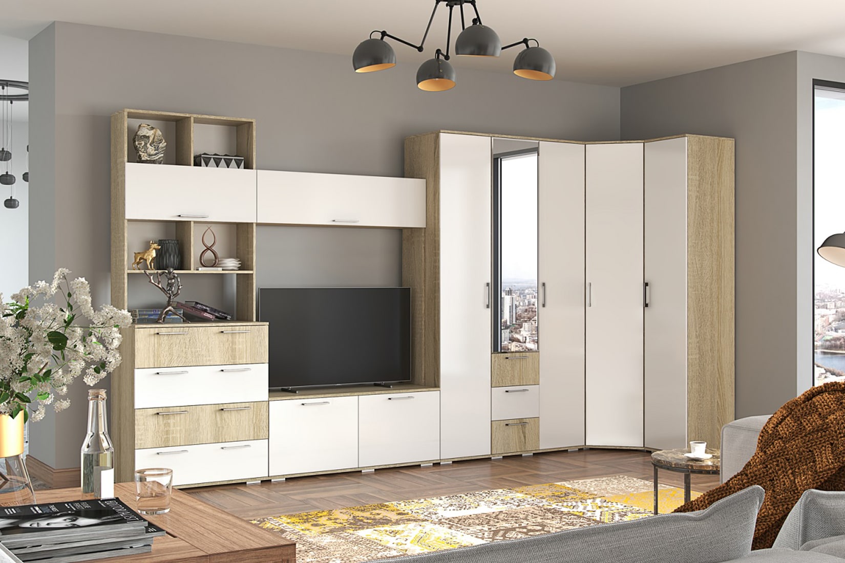 Белладжио спальня и гостиная модульная Дуб сонома/Белый