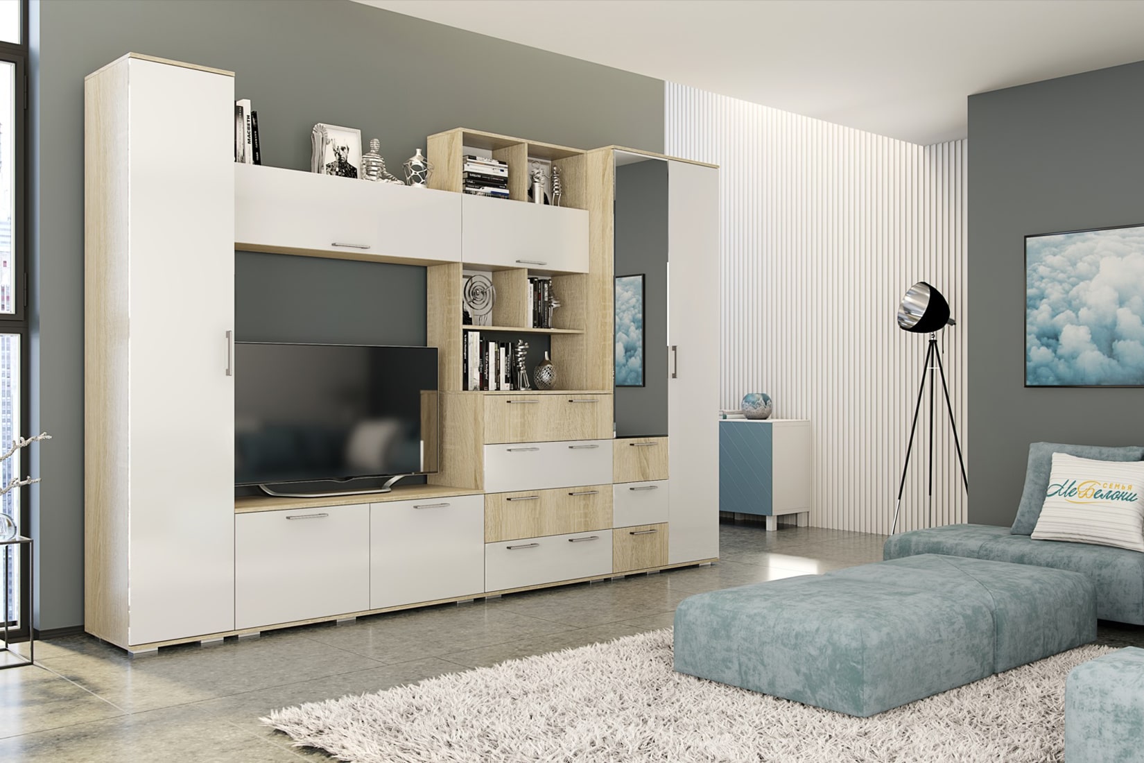 Белладжио спальня и гостиная модульная Дуб сонома/Белый