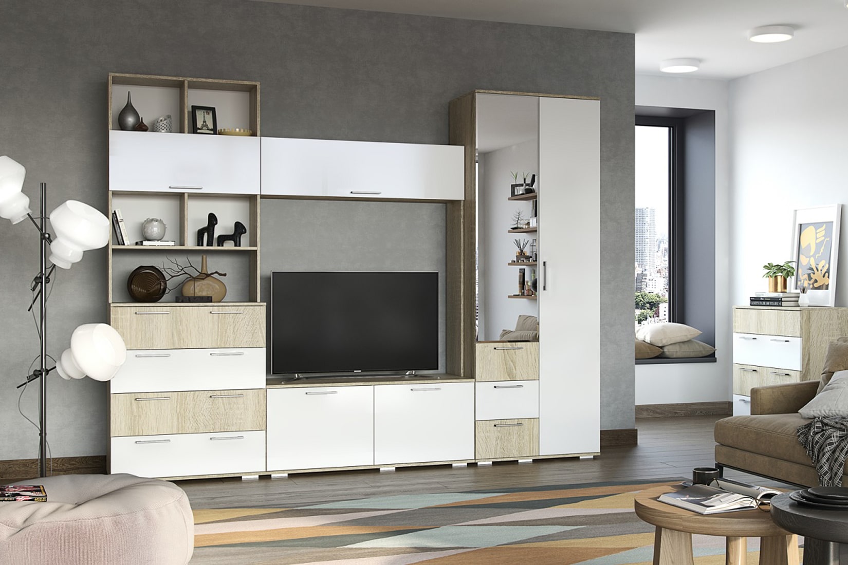 Белладжио спальня и гостиная модульная Дуб сонома/Белый