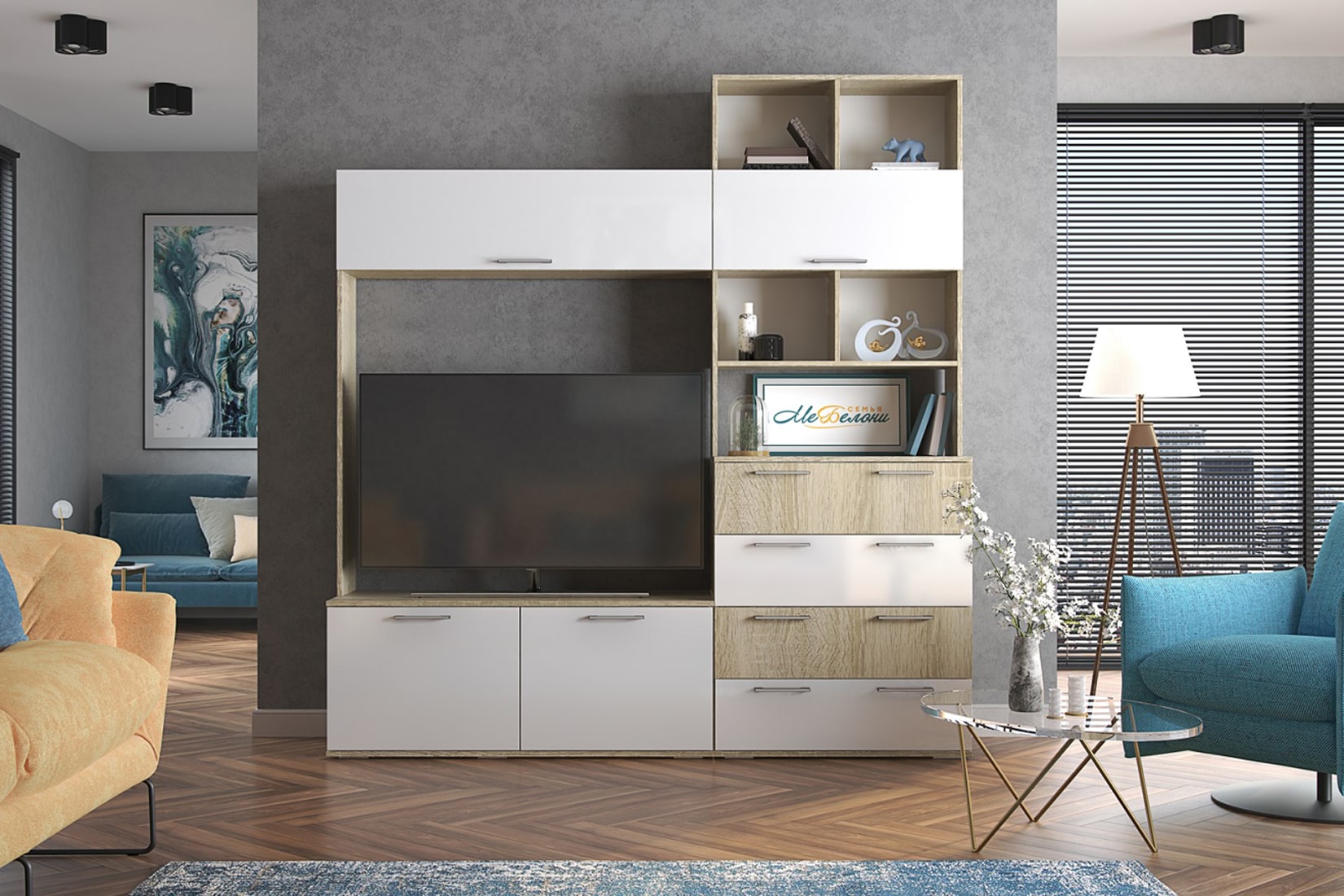 Белладжио спальня и гостиная модульная Дуб сонома/Белый